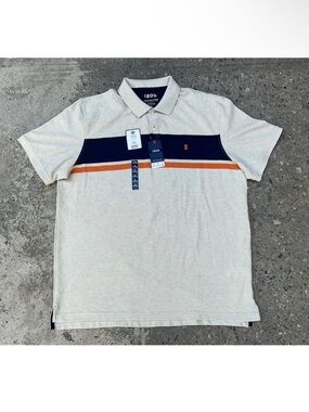 IZOD Advantage Performance Stretch Polo Shirt Stripe Cool Fx XL NWT Beige Orange